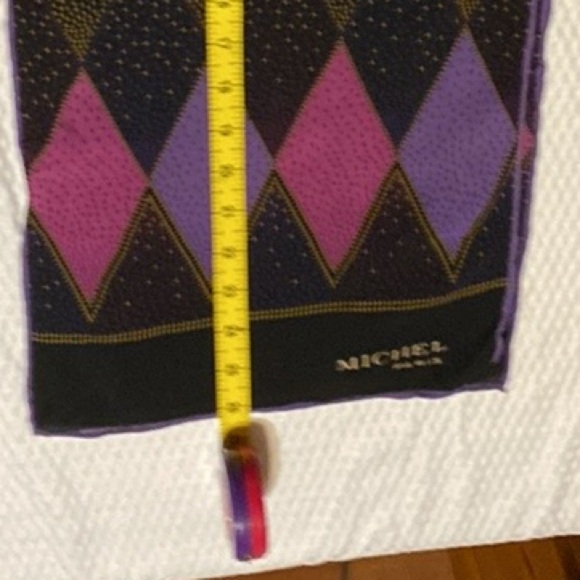 Michel Paris Silk Argyle Scarf - Black and Purple 52” Long Hand-Rolled Edges - Picture 5 of 6